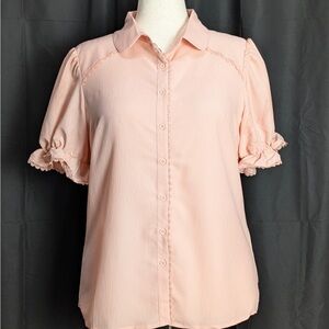 Belle Poque Blush Short Puff Lacy Sleeve Button-Down Shirt